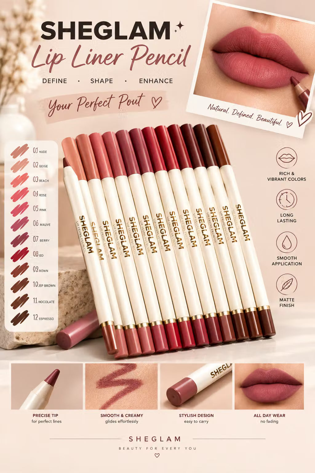 SHEGLAM Matte Lip Liner Pencil – Smooth, Long-Lasting Lip Definition