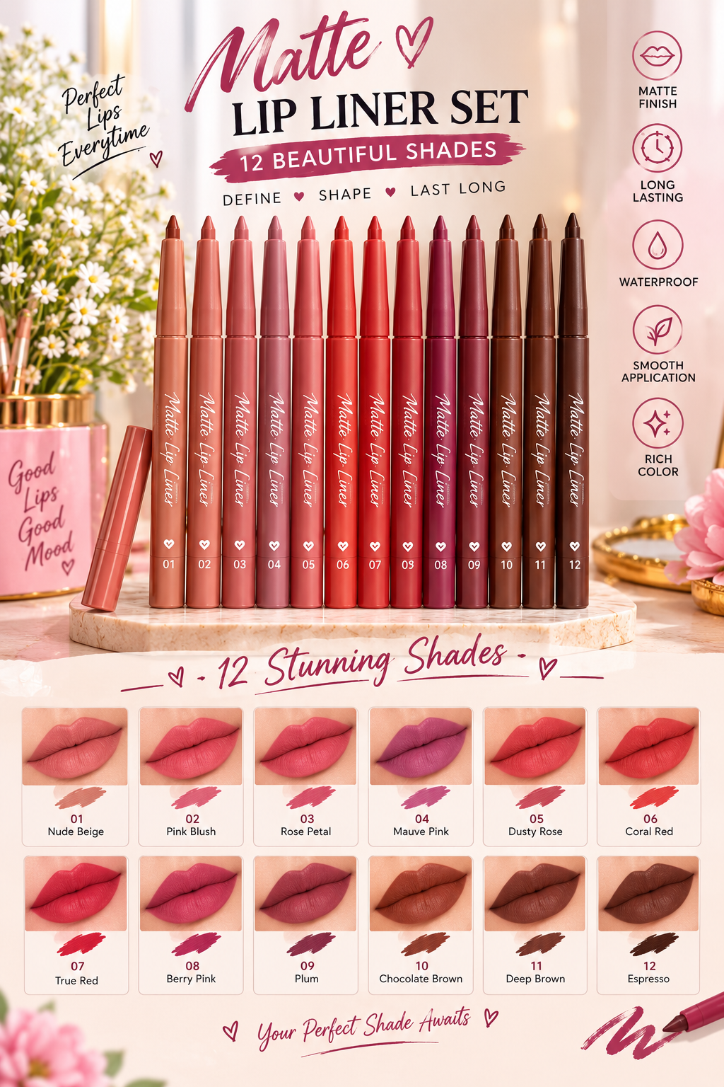 Matte Lip Liner Set – 12 Beautiful Shades | Long-Lasting & Rich Color ...