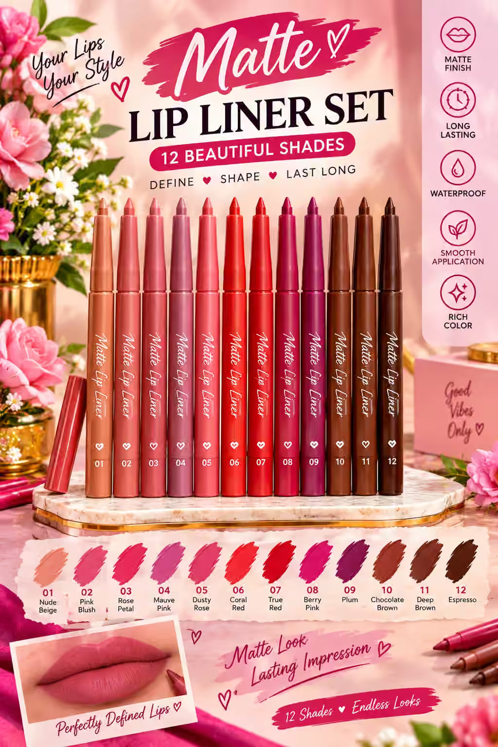 Matte Lip Liner Set – 12 Beautiful Shades | Long-Lasting & Rich Color ...